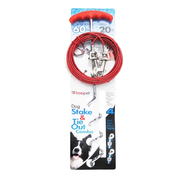 Boss Pet Spiral Stake & Long Cable Dog Leash Tie Out Combo 20 ft. long Leash